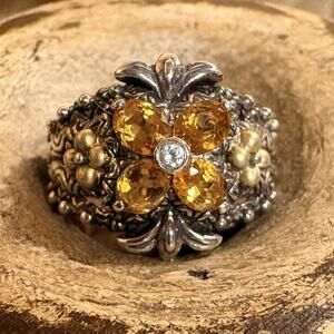 Barbara Bixby Ring Size 8 18K, Sterling Silver, Topaz & Citrine Floral Accents